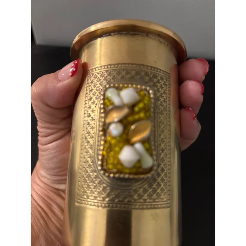 The Bombay Company Vintage Brass Jeweled Etched Cylinder Vase Pencil Pen‎ Holder